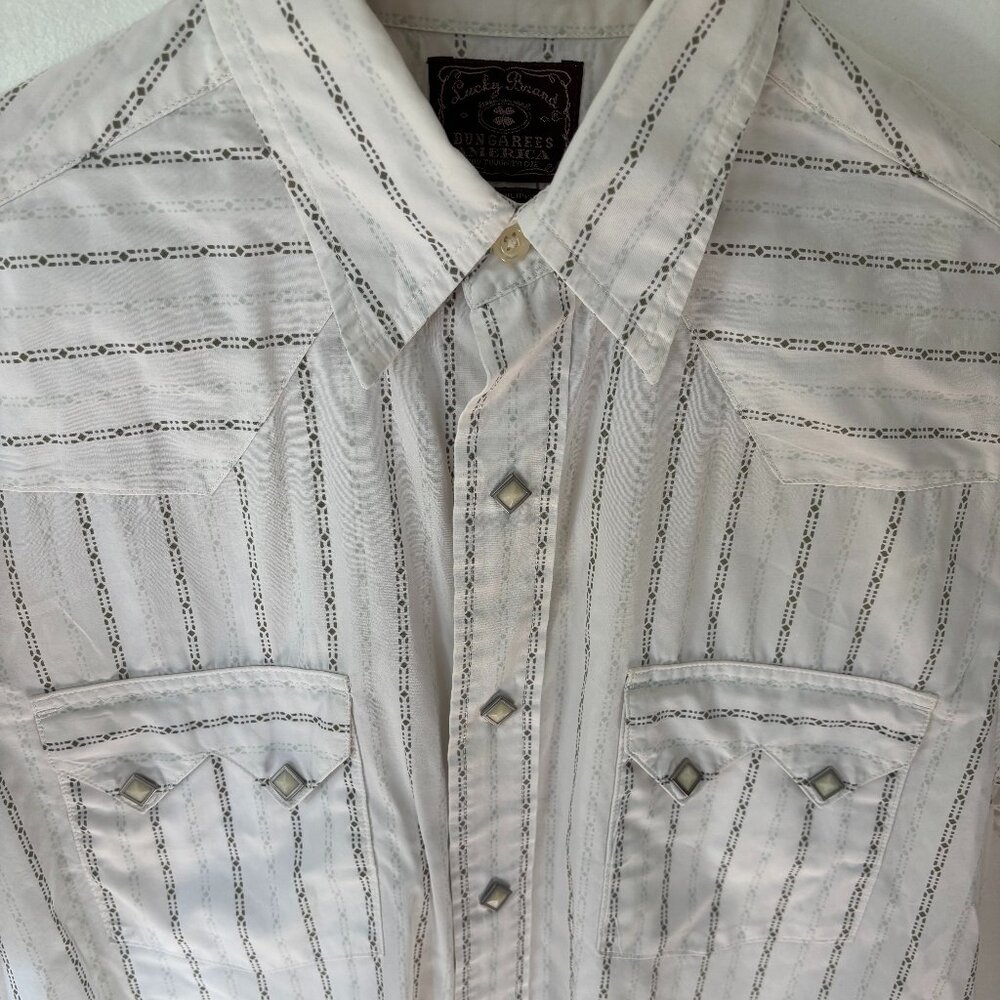 Lucky Brand Shirt Small White Striped Western Pearl Snap Short Sleeve Cotton